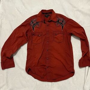 Ely Cattleman Red Button Down Shirt with Black Embroidery